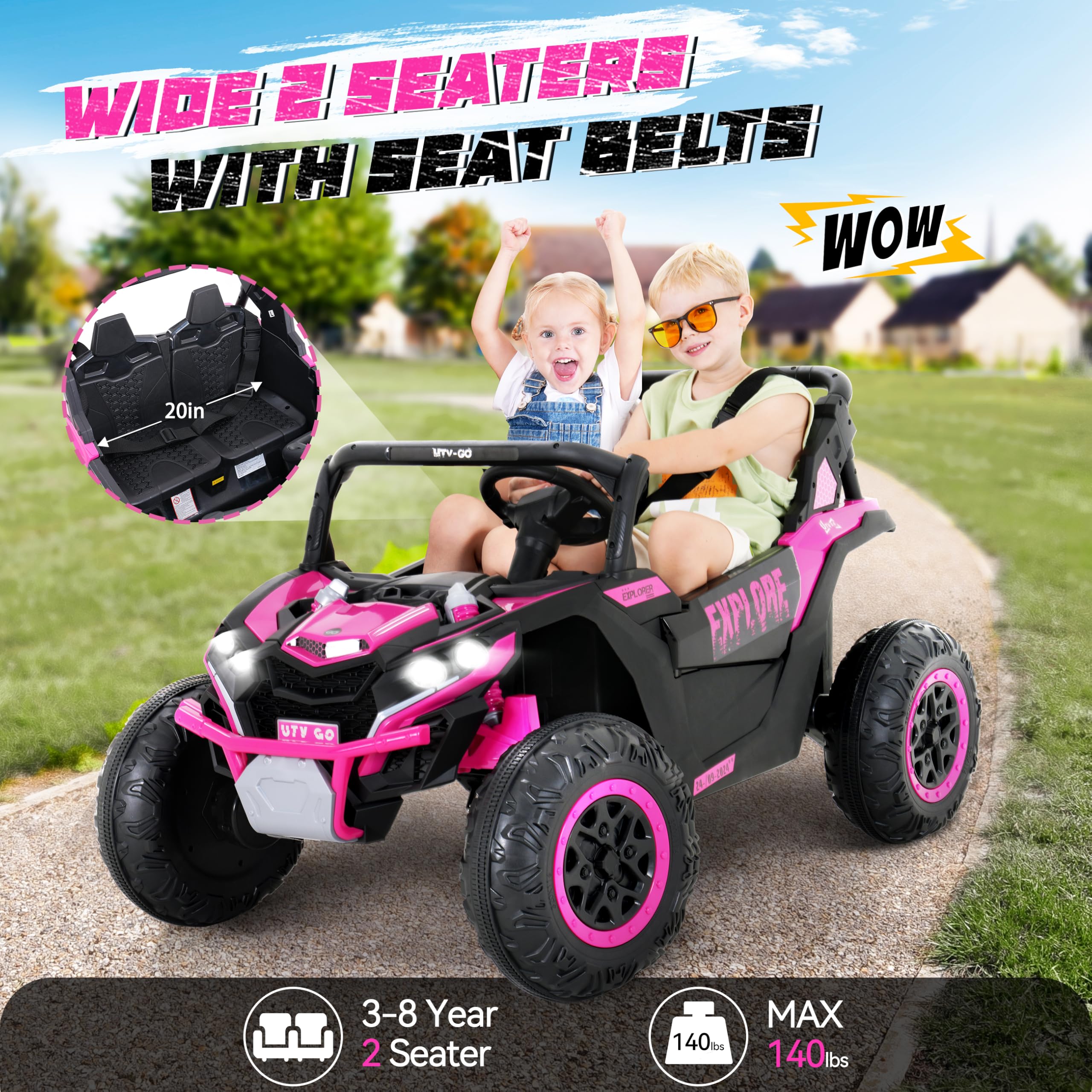Evmore 4WD Kids Ride on Car, 24V Electric Off-Road UTV Truck, 20" Spacious 2 Seat, 7Ah Large Battery Electric Car with Remote Control, Safety Belt, Horn, Music, and Lights for Kids Aged 3-8 Years Pink