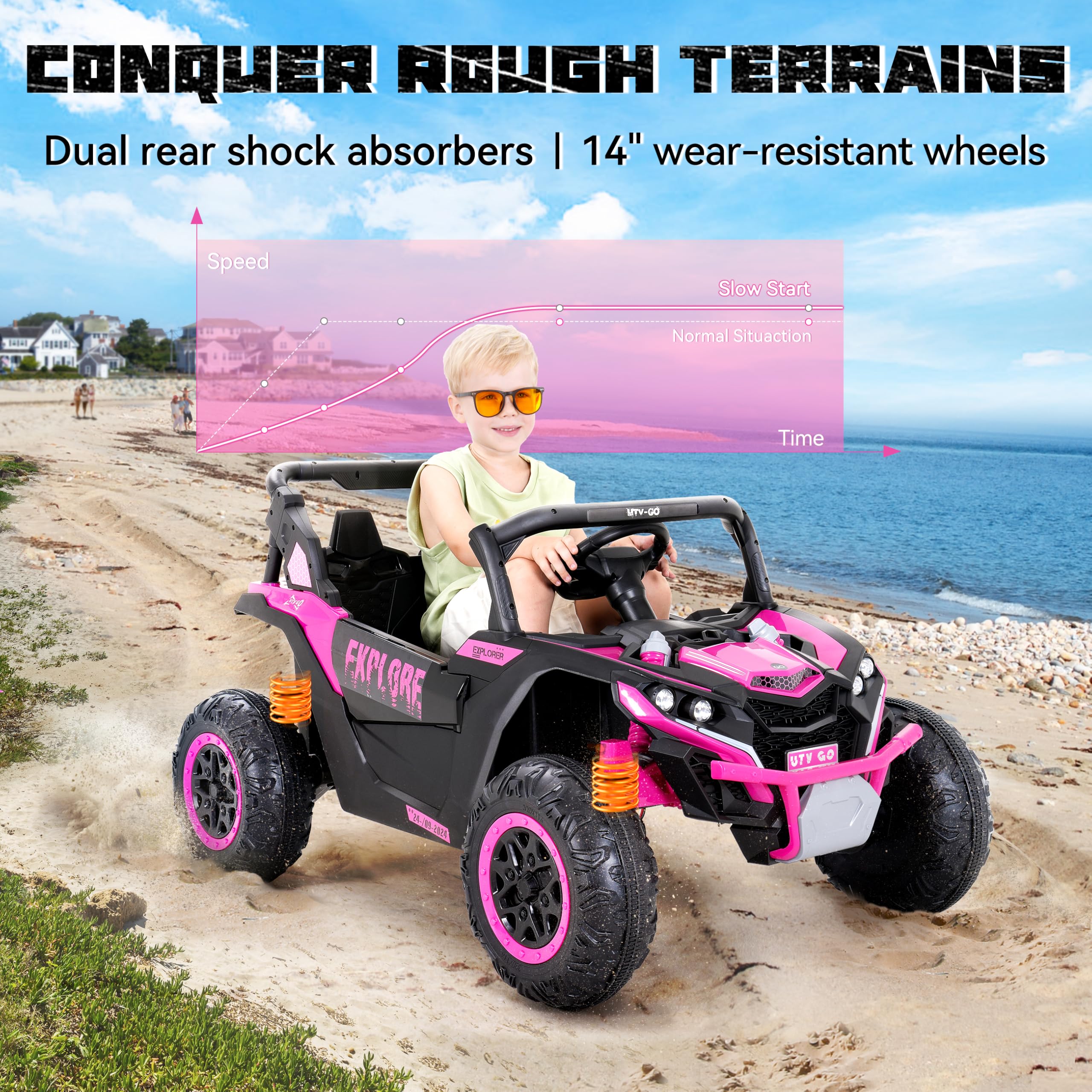 Evmore 4WD Kids Ride on Car, 24V Electric Off-Road UTV Truck, 20" Spacious 2 Seat, 7Ah Large Battery Electric Car with Remote Control, Safety Belt, Horn, Music, and Lights for Kids Aged 3-8 Years Pink