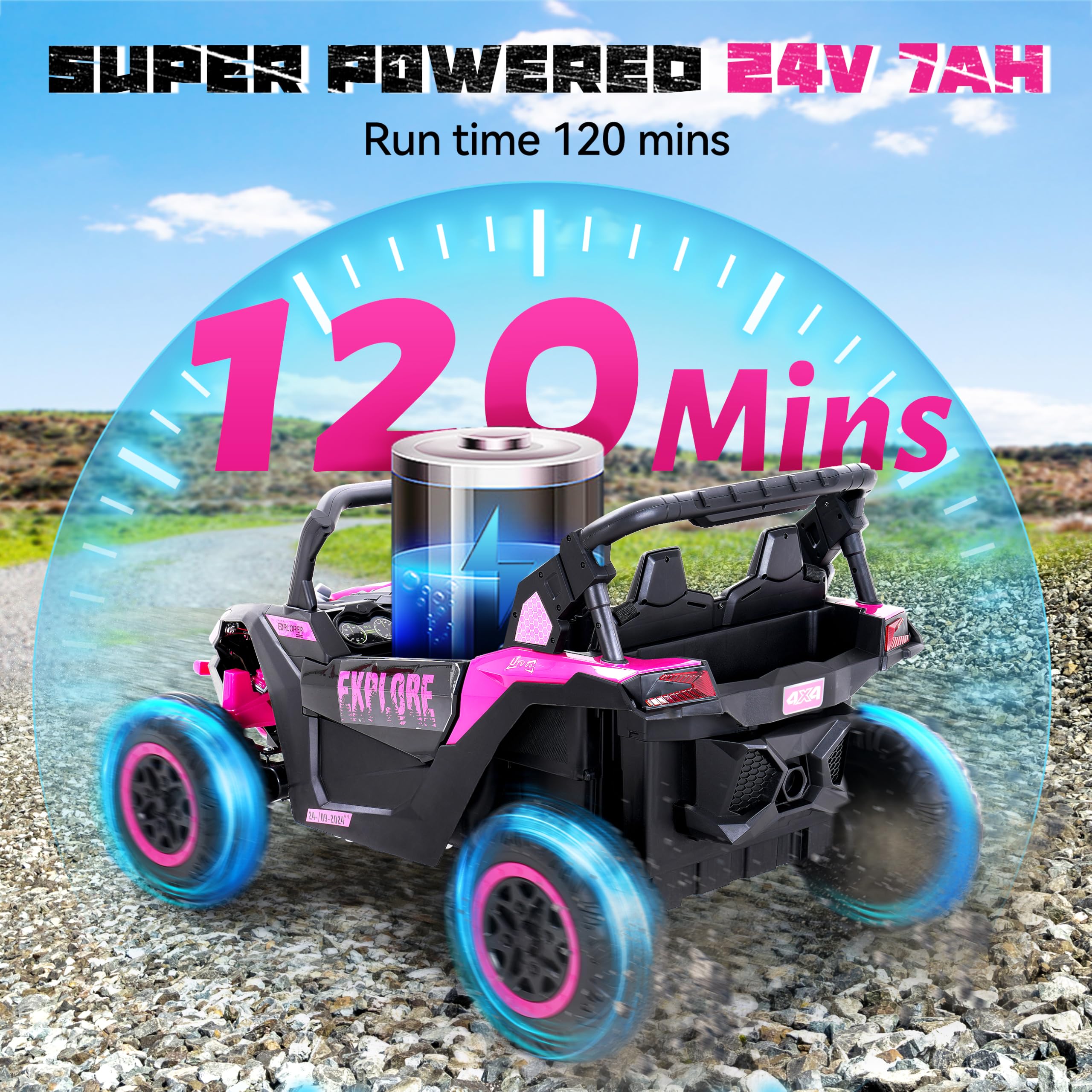 Evmore 4WD Kids Ride on Car, 24V Electric Off-Road UTV Truck, 20" Spacious 2 Seat, 7Ah Large Battery Electric Car with Remote Control, Safety Belt, Horn, Music, and Lights for Kids Aged 3-8 Years Pink