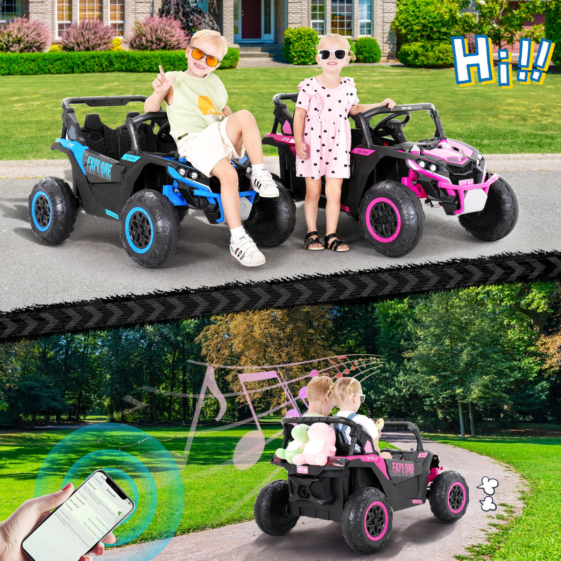 Evmore 4WD Kids Ride on Car, 24V Electric Off-Road UTV Truck, 20" Spacious 2 Seat, 7Ah Large Battery Electric Car with Remote Control, Safety Belt, Horn, Music, and Lights for Kids Aged 3-8 Years Pink