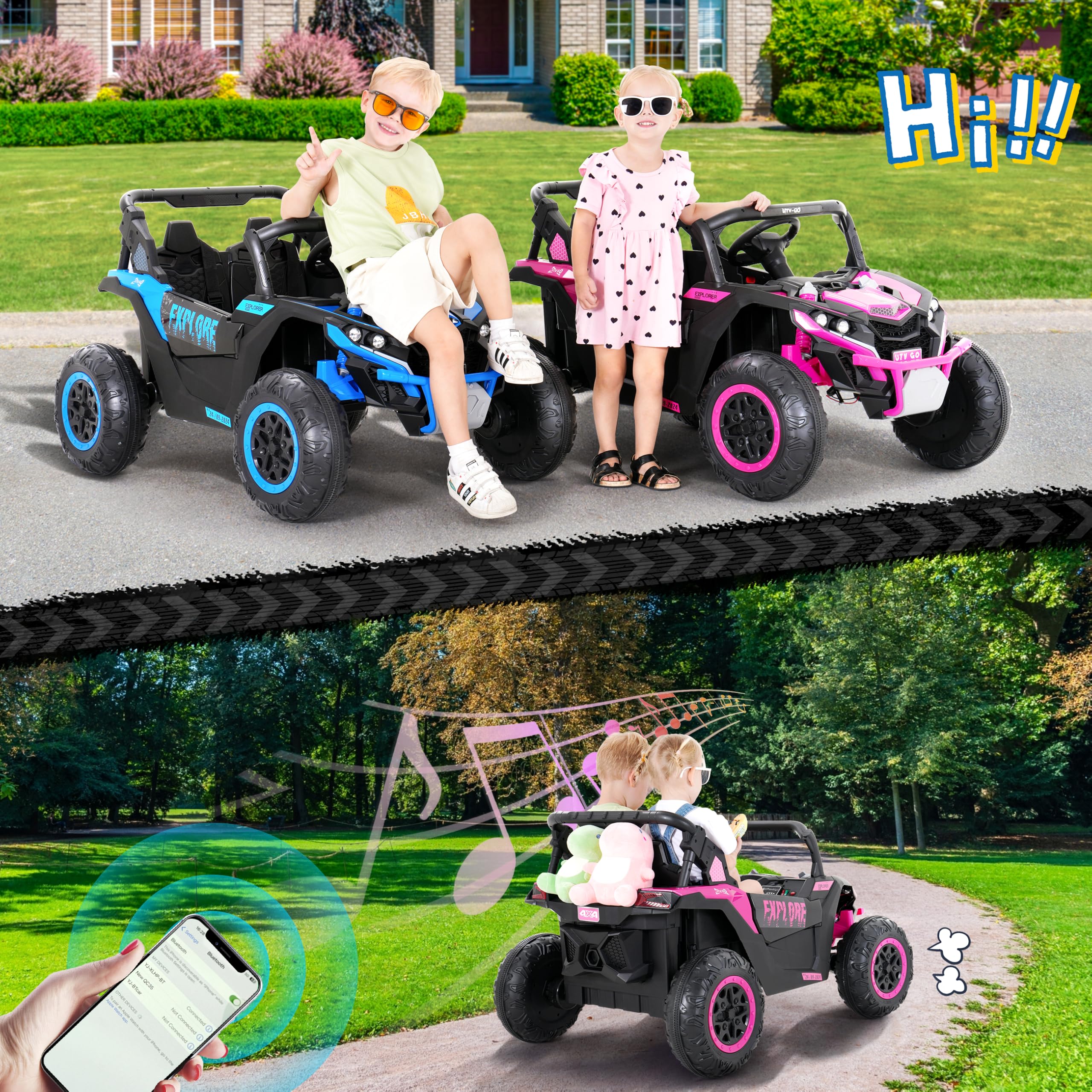 Evmore 4WD Kids Ride on Car, 24V Electric Off-Road UTV Truck, 20" Spacious 2 Seat, 7Ah Large Battery Electric Car with Remote Control, Safety Belt, Horn, Music, and Lights for Kids Aged 3-8 Years Pink