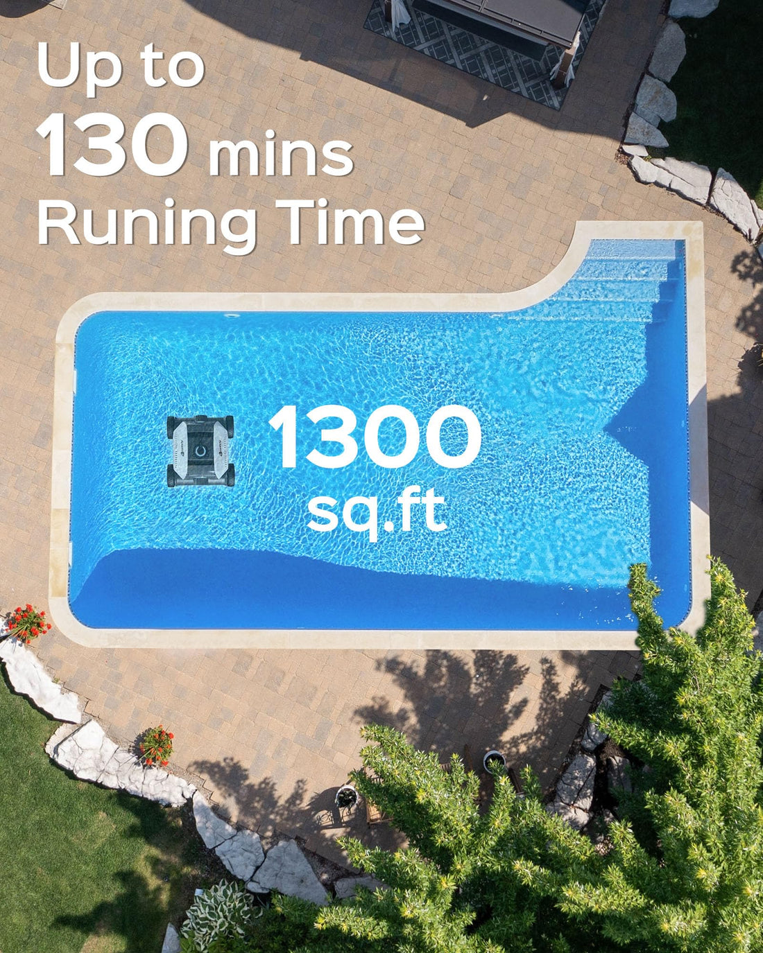 Cordless Robotic Pool Vacuum, Above Ground Pool Vacuum,Powerful Suction&amp;130mins Running Time,6600mAh Battery, Ideal for Flat Above Pools Up to 1300 Sq.ft