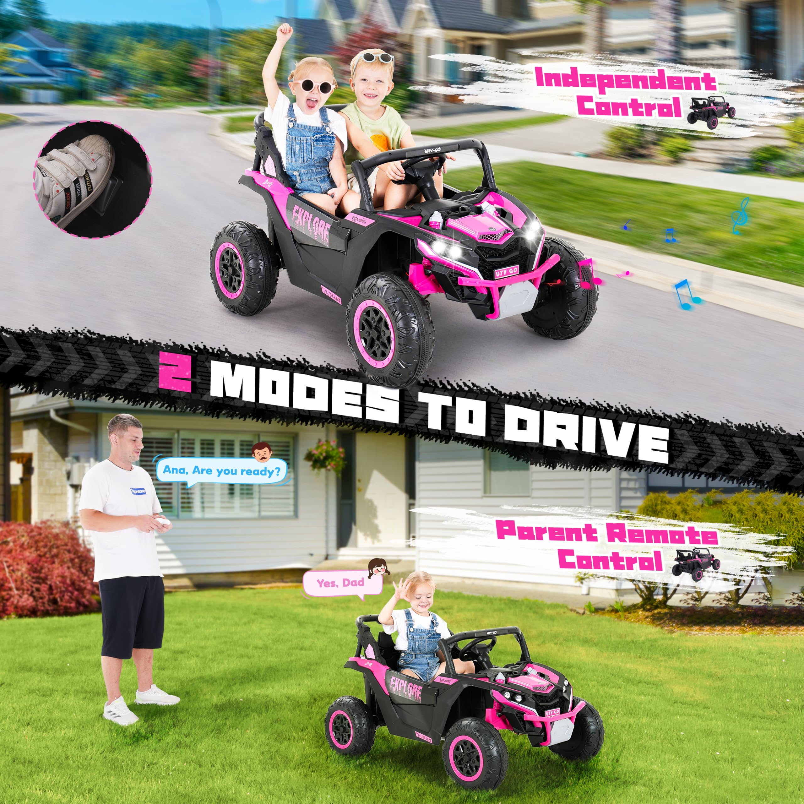 Evmore 4WD Kids Ride on Car, 24V Electric Off-Road UTV Truck, 20" Spacious 2 Seat, 7Ah Large Battery Electric Car with Remote Control, Safety Belt, Horn, Music, and Lights for Kids Aged 3-8 Years Pink