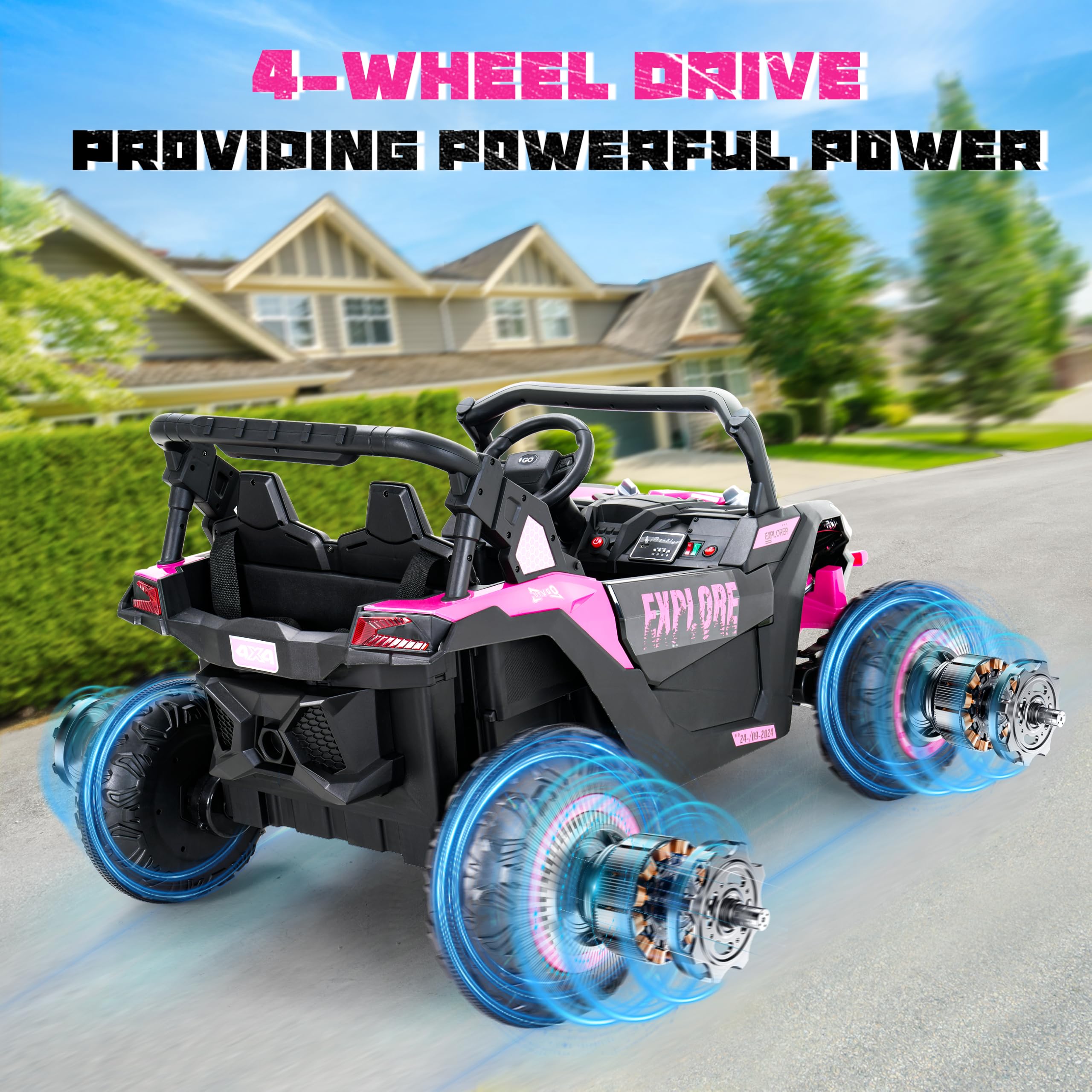 Evmore 4WD Kids Ride on Car, 24V Electric Off-Road UTV Truck, 20" Spacious 2 Seat, 7Ah Large Battery Electric Car with Remote Control, Safety Belt, Horn, Music, and Lights for Kids Aged 3-8 Years Pink